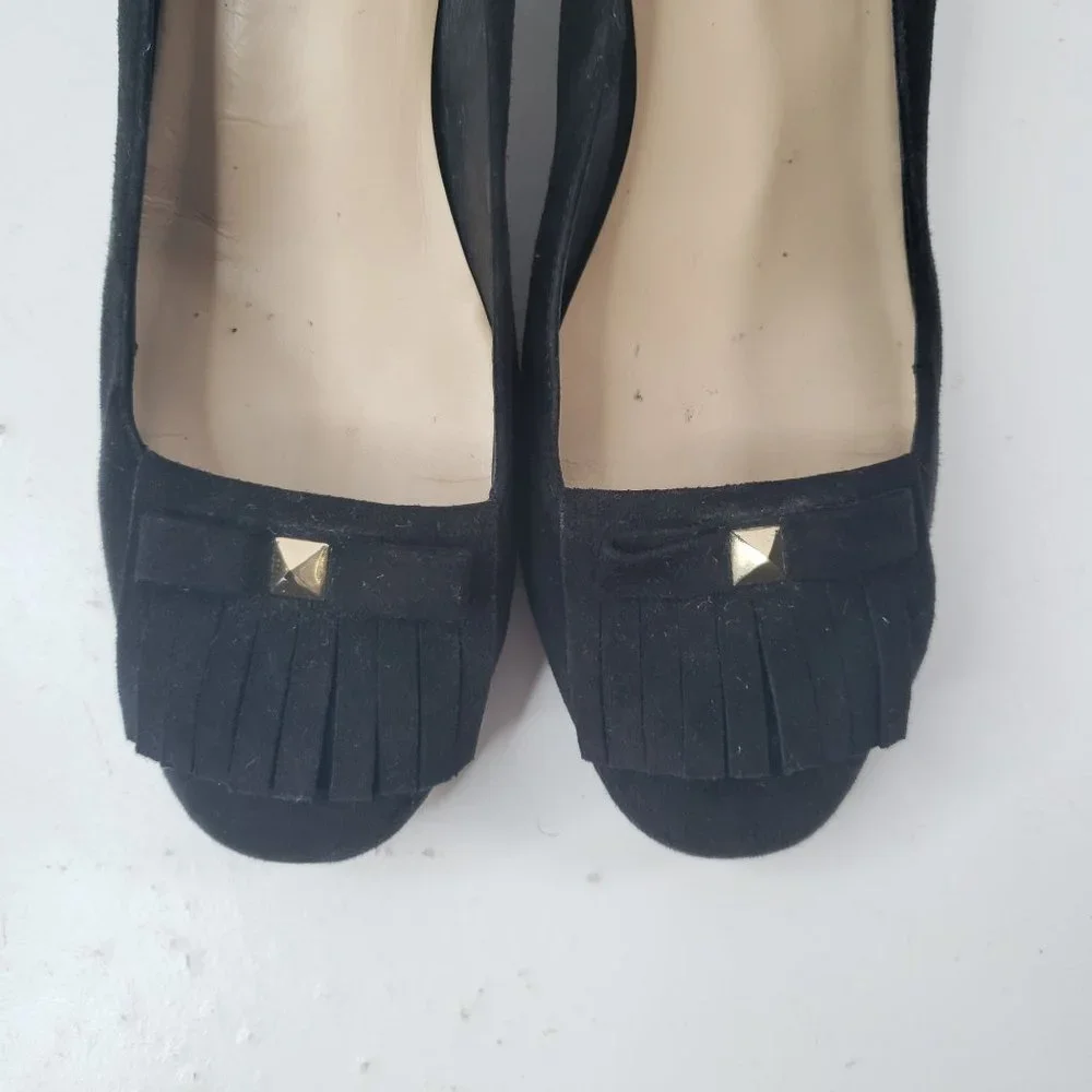 Kate Spade Kiltie Block Heel Pumps Sz 10 Black Suede Slip On Dressy Bow Heels - Picture 2 of 12